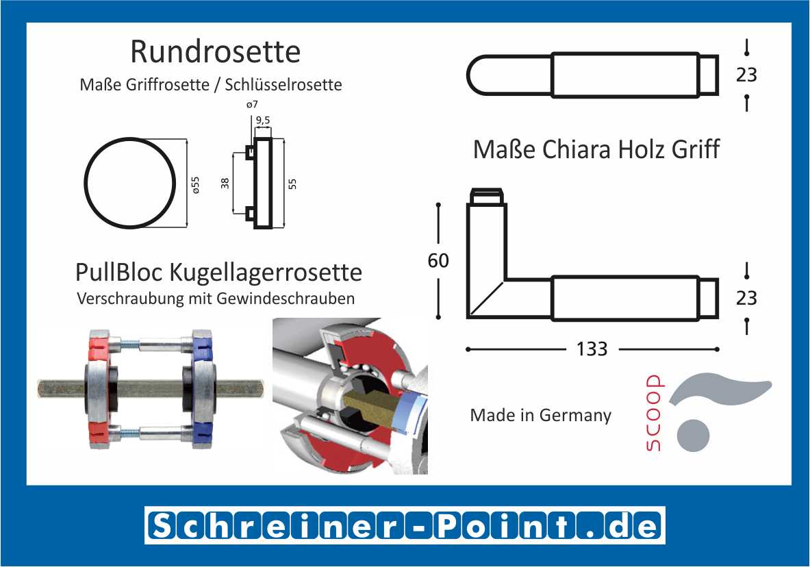Scoop Chiara Holz PullBloc Rundrosettengarnitur Edelstahl matt/Buche/Eiche/Merbau, Rosette Edelstahl matt